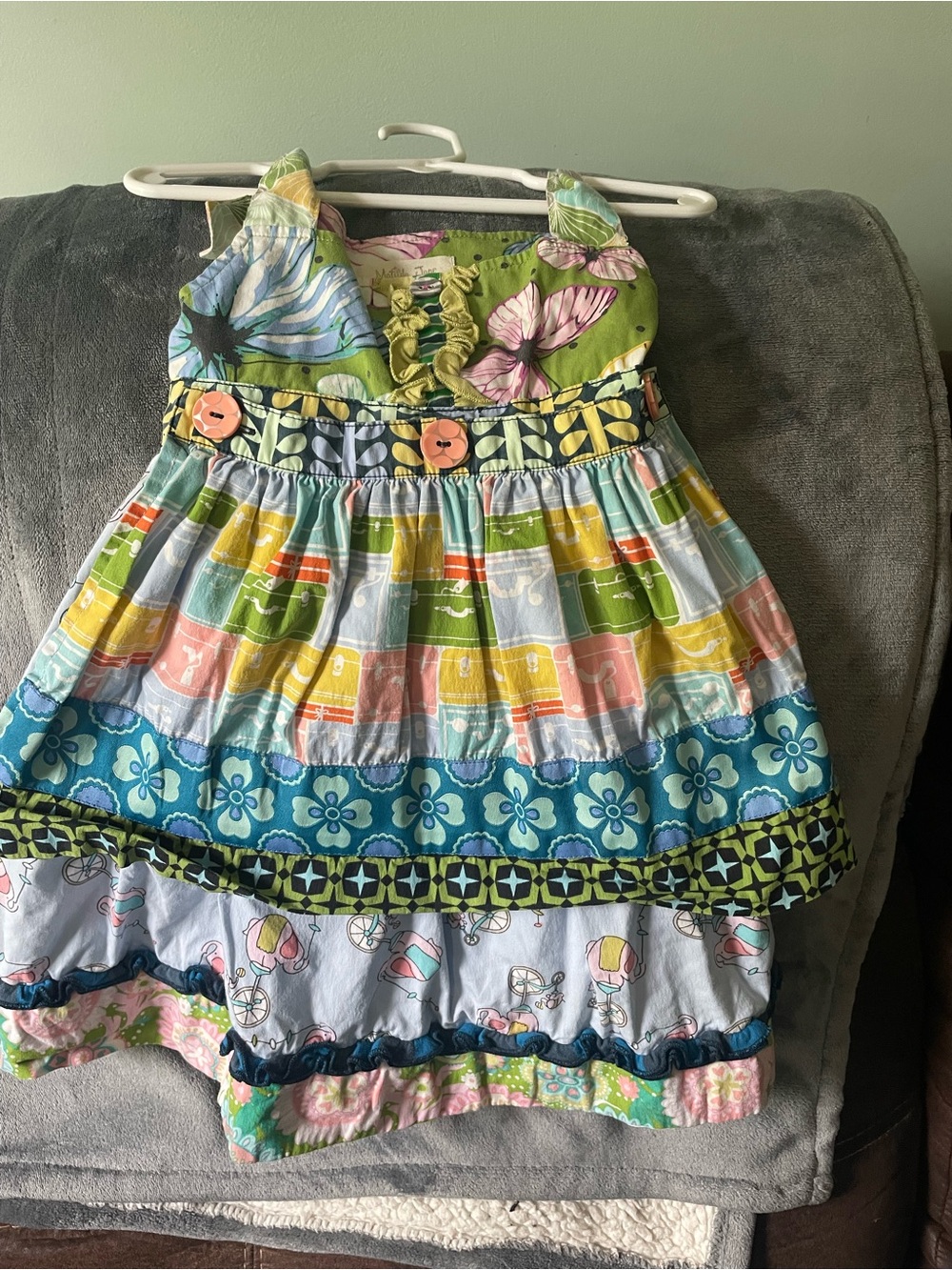 Matilda Jane Green Blue Pink Multi-Color Tiered apron dress sz 4